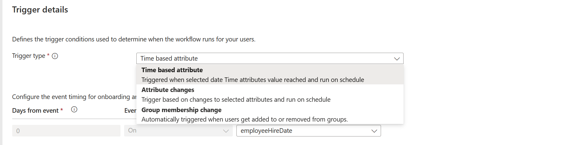 Screenshot of the trigger details section of a workflow's execution conditions.