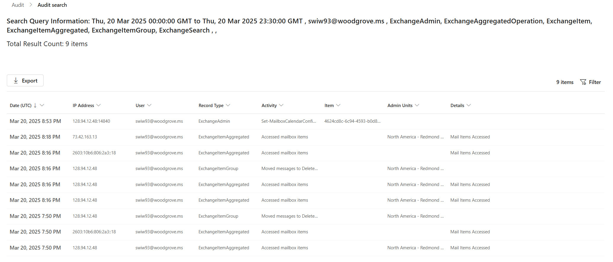 Screenshot of data export in Microsoft Purview portal.