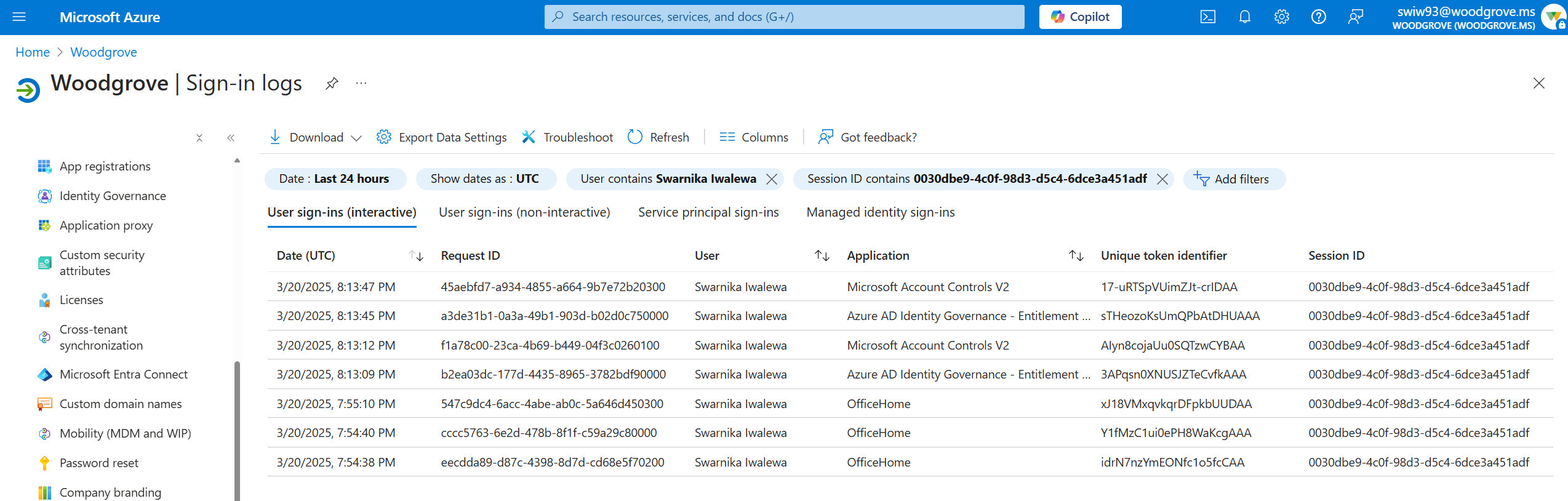Screenshot of interactive sign-ins filtered by session ID.