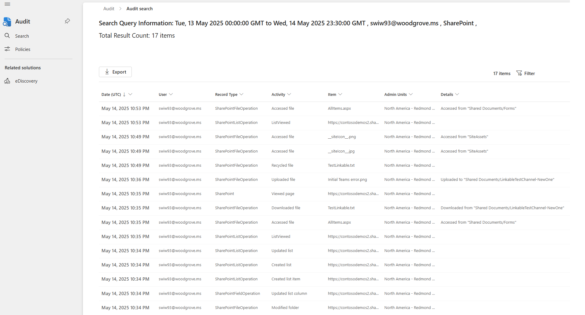 Screenshot of Microsoft Purview portal showing audit log results for SharePoint Online.