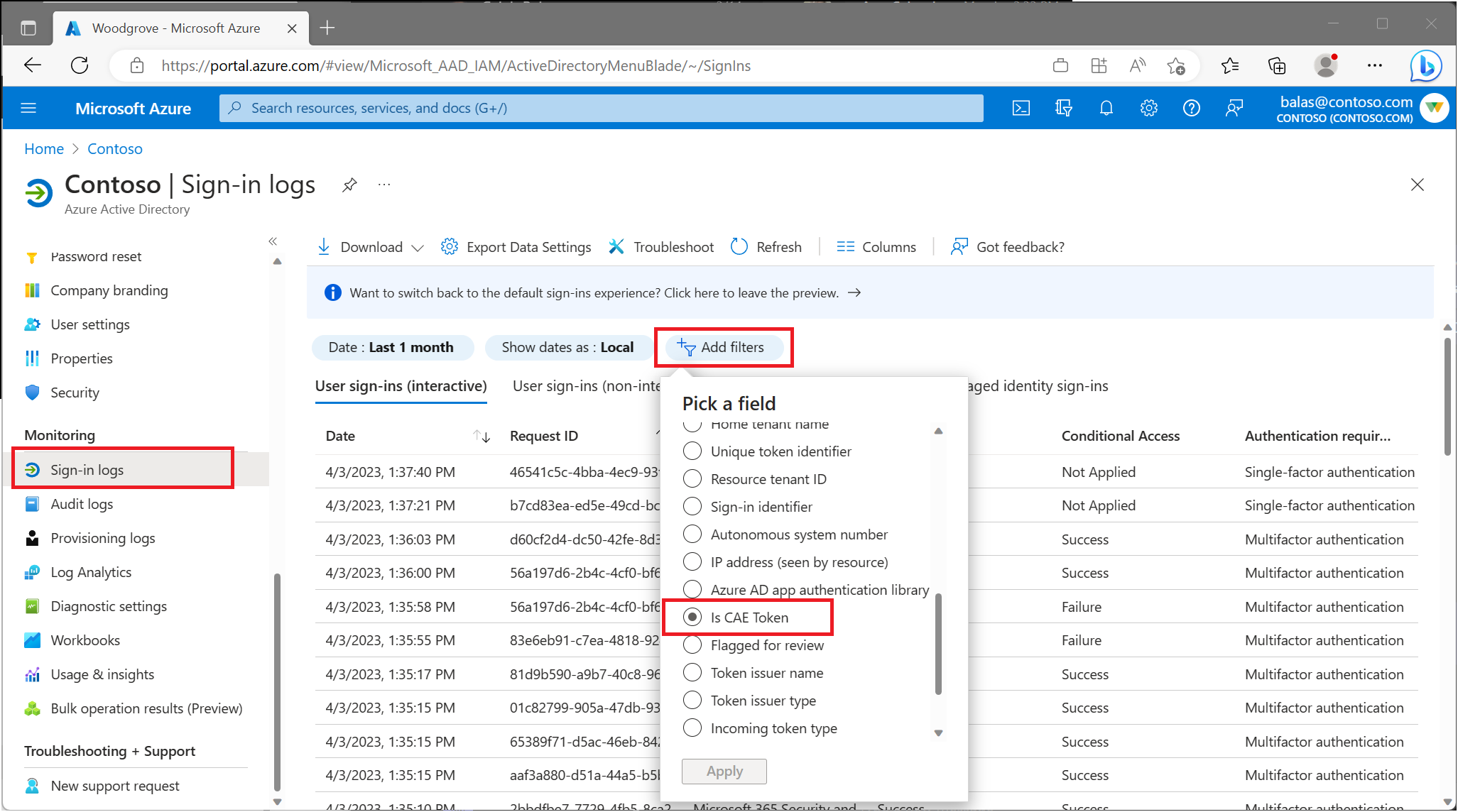 Screenshot showing how to add a filter to the sign-in log to see where CAE is being applied or not.