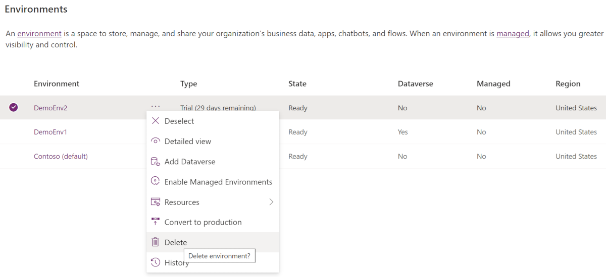 Delete a selected environment.