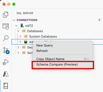 Screenshot of Schema comparison menu item in Visual Studio Code object explorer.