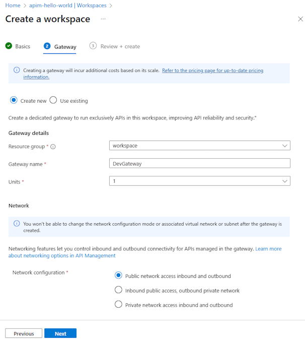 Screenshot of creating a workspace gateway in the portal.