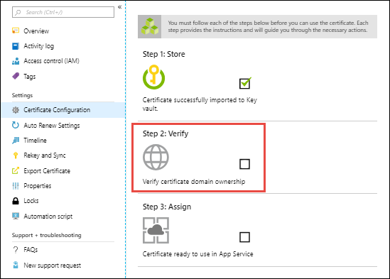 Screenshot the shows the Certificate Configuration pane with Step 2: Verify selected.