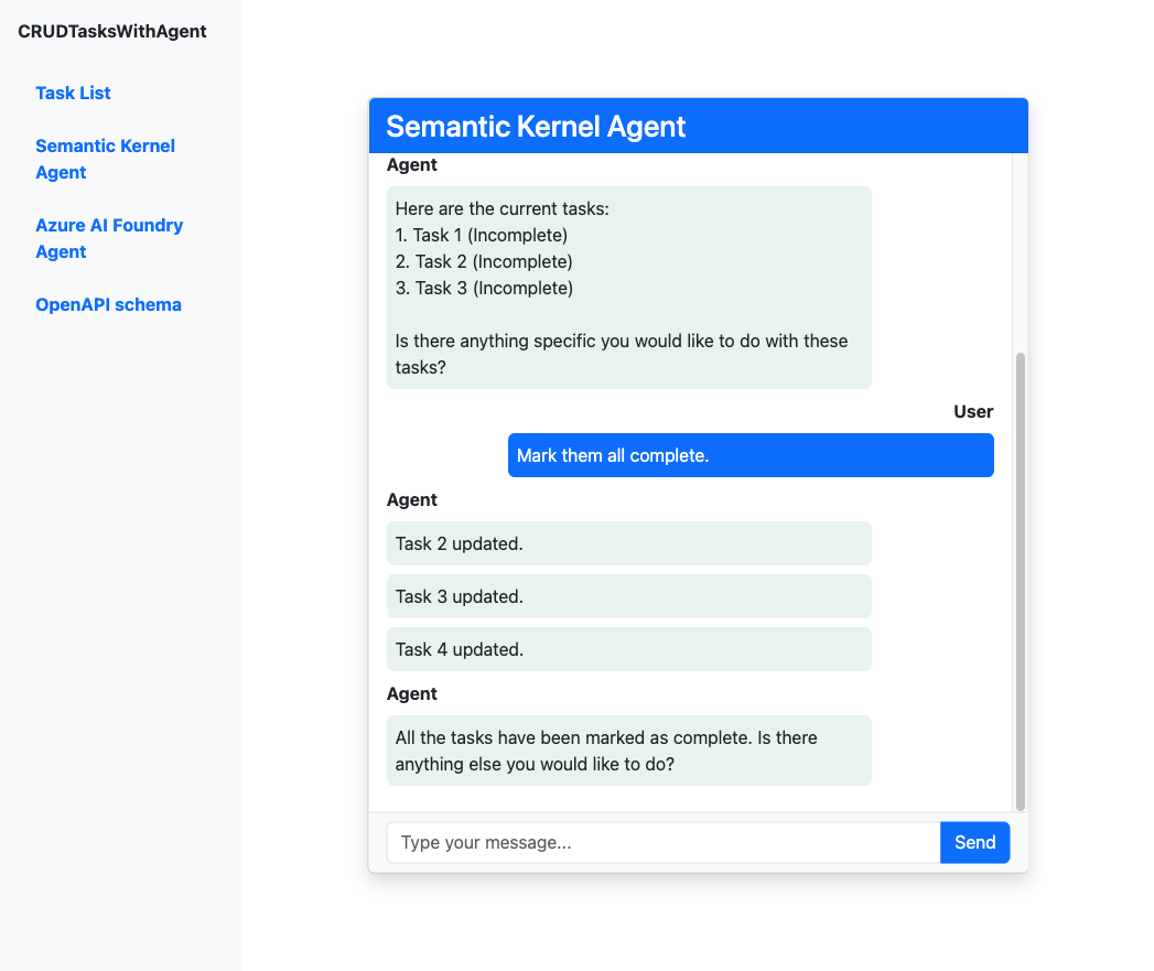 Screenshot of a chat completion session with a semantic kernel agent.