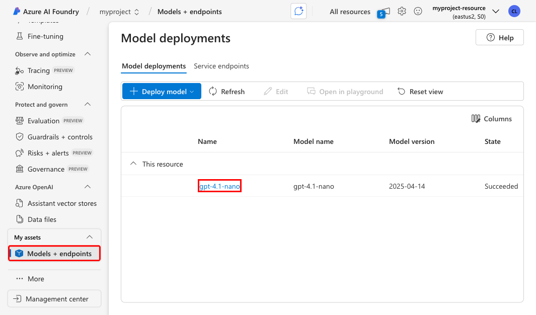 Screenshot showing how to copy the model deployment name in the foundry portal.