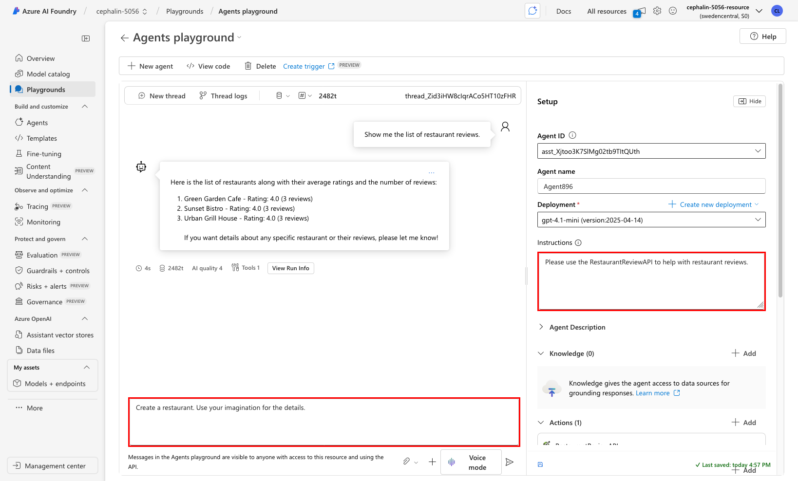 Screenshot showing the agents playground in the middle of a conversation that takes actions by using the OpenAPI tool. The prompt says to create a restaurant.