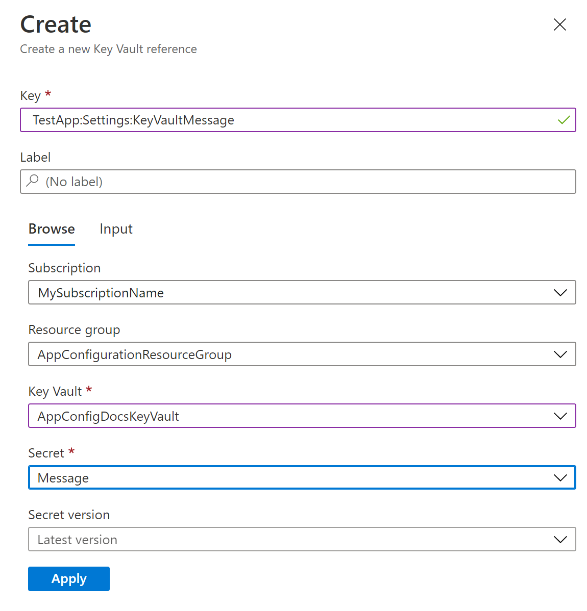 Screenshot of the dialog for creating a Key Vault reference. The Key, Subscription, Resource group, Key Vault, and Secret fields are populated.