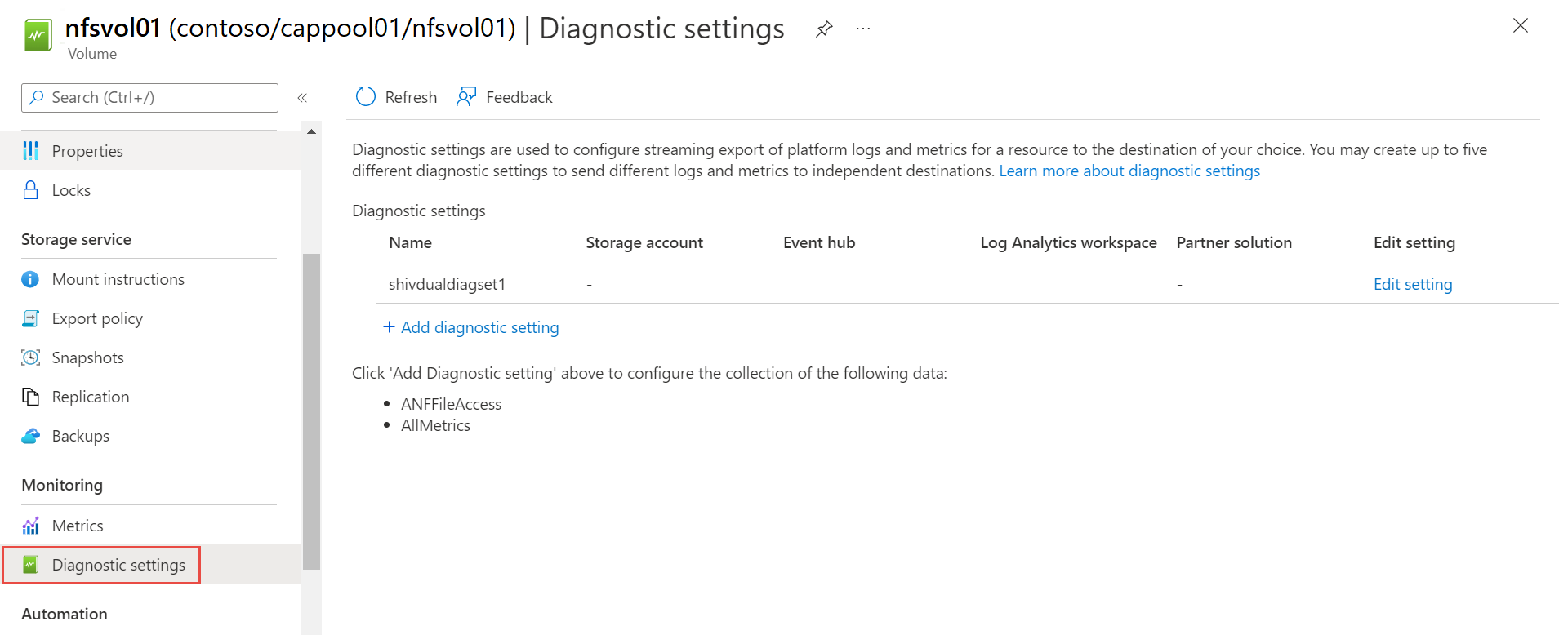 Screenshot of Azure Diagnostic settings menu.