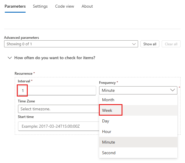 Screenshot shows trigger parameters where you set the interval and frequency.