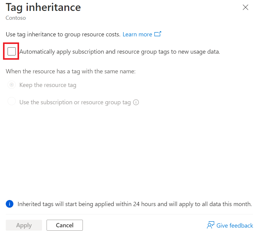 Screenshot showing the Automatically apply subscription and resource group tags to new data option for a billing account.