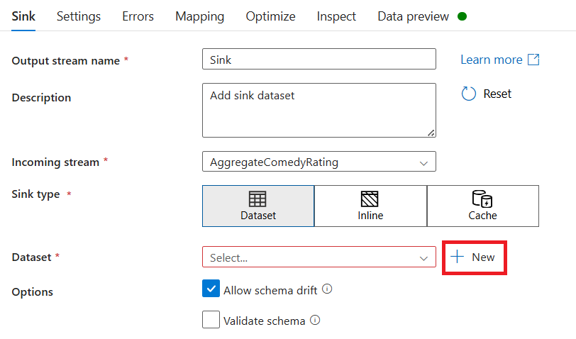 Screenshot that shows where you can name your sink and create a new sink dataset.