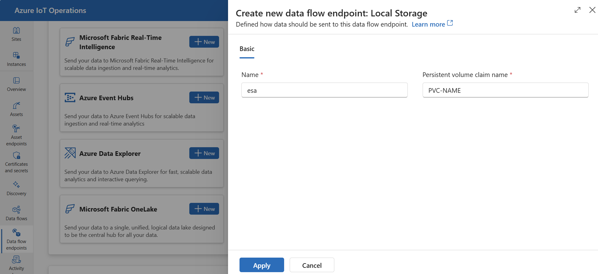 Screenshot using operations experience to create a Local Storage data flow endpoint.
