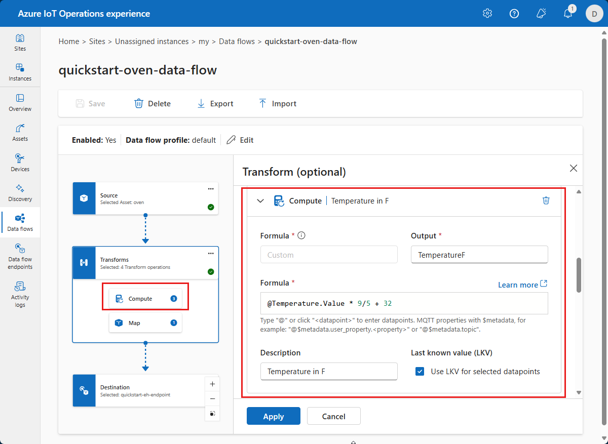 Screenshot in the operations experience that shows the temperature conversion calculation.
