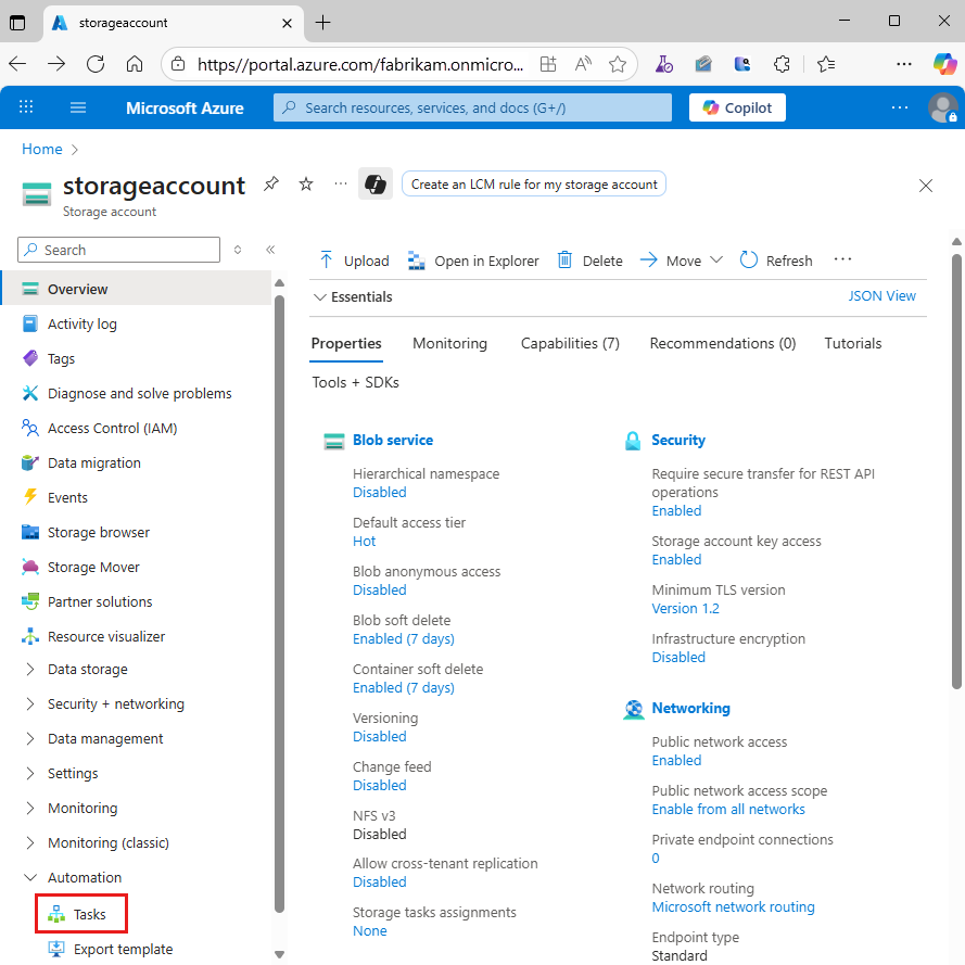 Screenshot shows the Azure portal and storage account resource menu with Tasks highlighted.