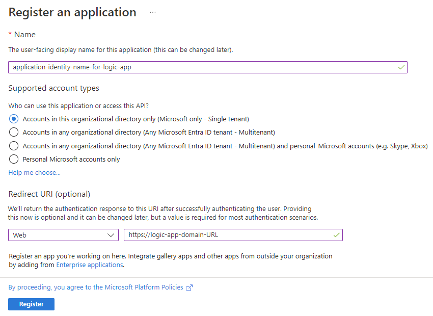 Screenshot shows pane to register an application with application identity name and URL for where to send authentication response.