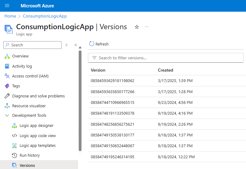 Screenshot shows Azure portal, Consumption logic app menu with Versions selected, and previous logic app versions.