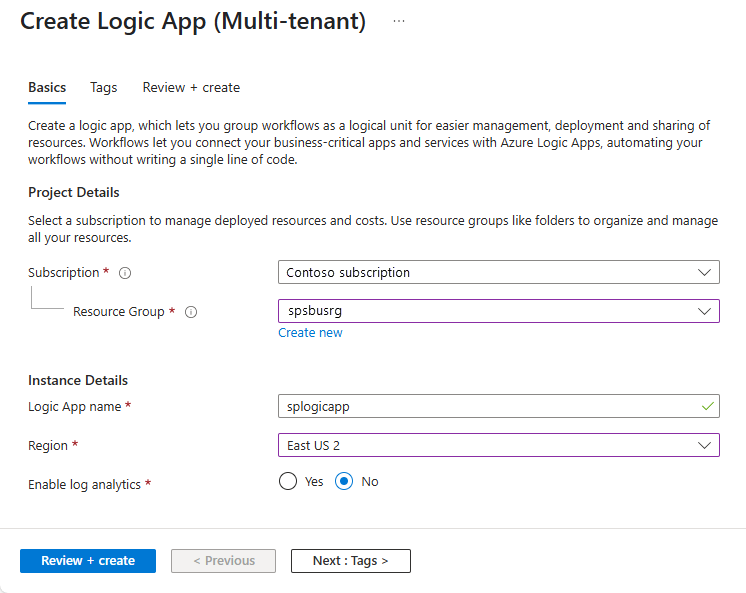 Screenshot that shows the Create a logic app page.
