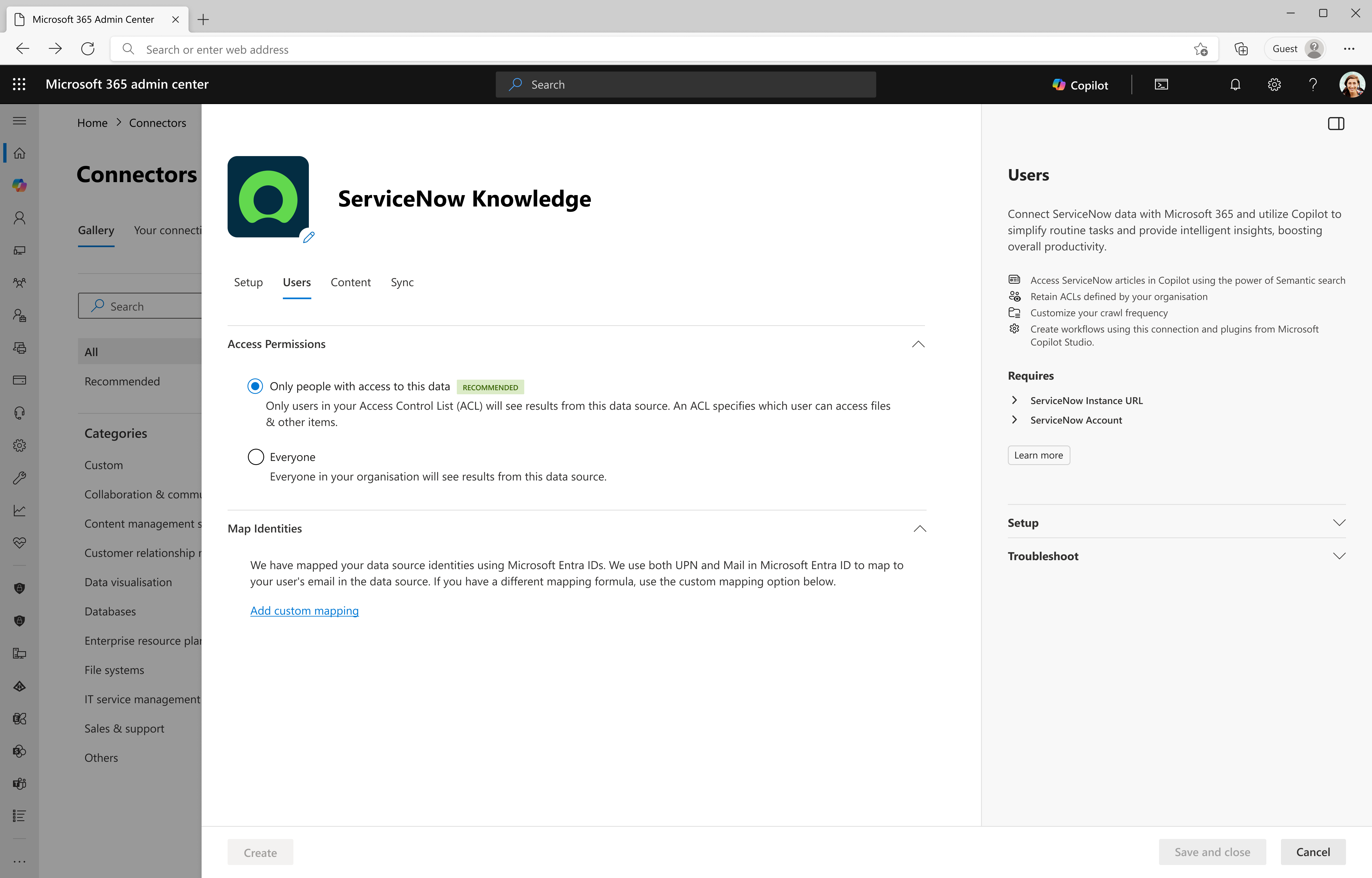 Screenshot that shows the User configuration screen for ServiceNow Knowledge Copilot connector.