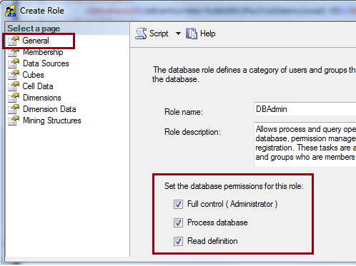 Create role dialog showing database permissions Create role dialog showing database permissions