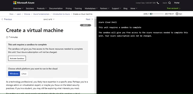 Animated GIF of a Microsoft Learn browser page, which is showing the user engaging the Learn Sandbox within an article page.