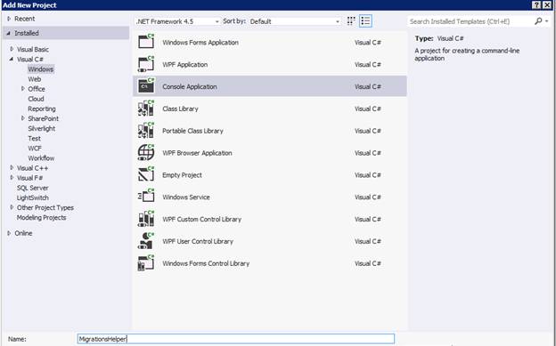 Screenshot of creating a new console application in the exiting solution.