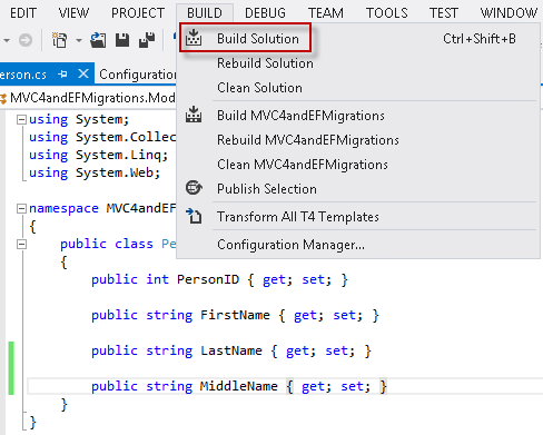 Building the application Screenshot shows the Build menu, then Build Solutions selected.