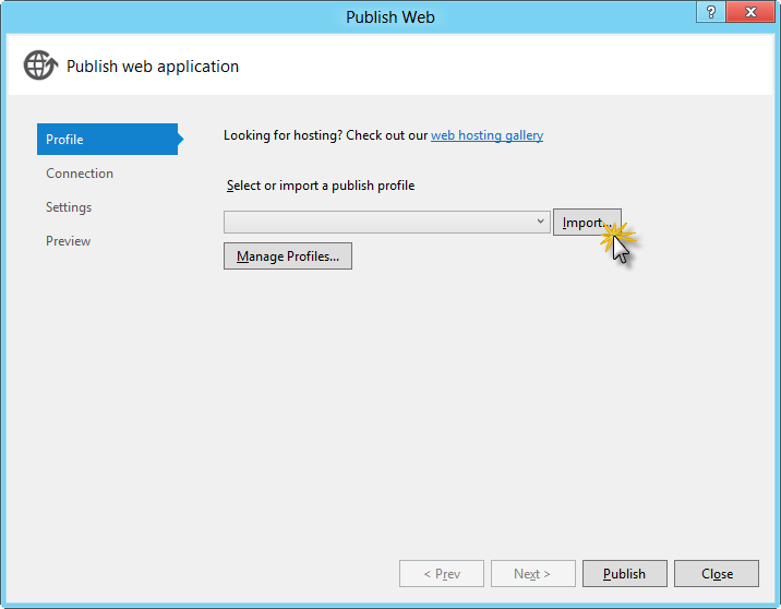 Importing the publish profile Importing the publish profile