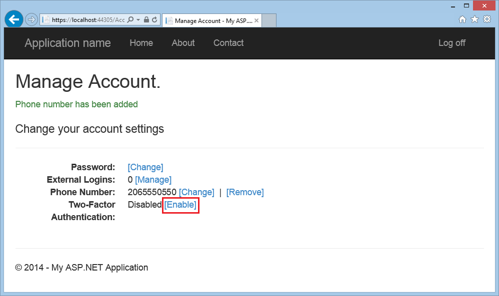 Screenshot of the Manage Account browser window showing the Enable link associated with Two-Factor Authentication highlighted in red.