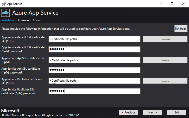 Enter SSL certificate info in Azure App Service Installer