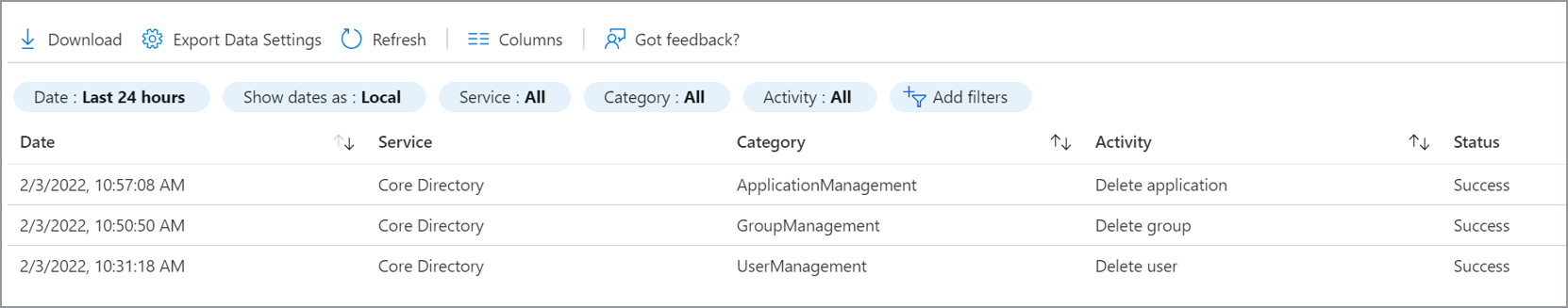 Screenshot that shows an Audit log with deletions.