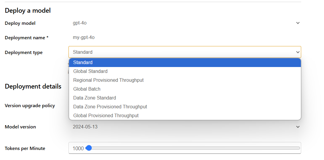 Screenshot of the Deployment type dropdown.