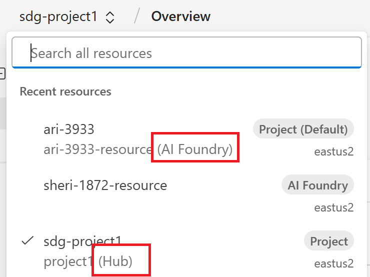 Screenshot shows both a Foundry and hub-based project in the breadcrumb navigation.
