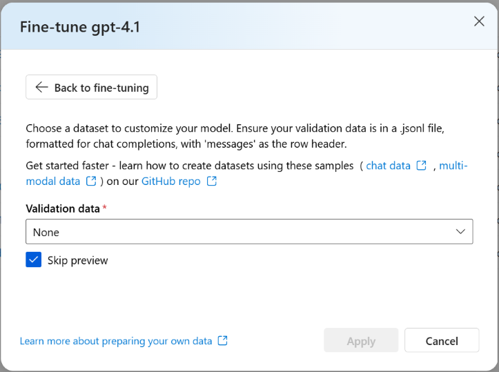 Screenshot of the Validation data pane for the Create custom model wizard in Foundry portal.