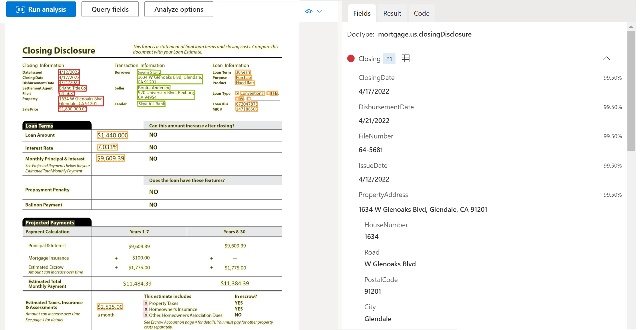 Screenshot that shows US Mortgage closing disclosure document model analysis by using Document Intelligence Studio.