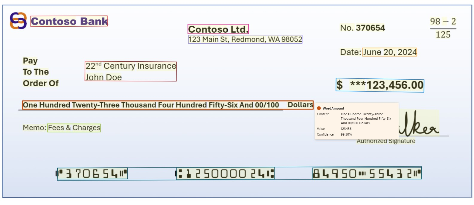 Screenshot that shows bank check model extraction by using Document Intelligence Studio.