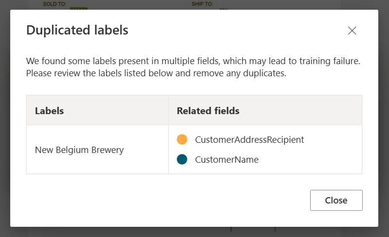Screenshot that shows duplicate label warning after autolabeling.