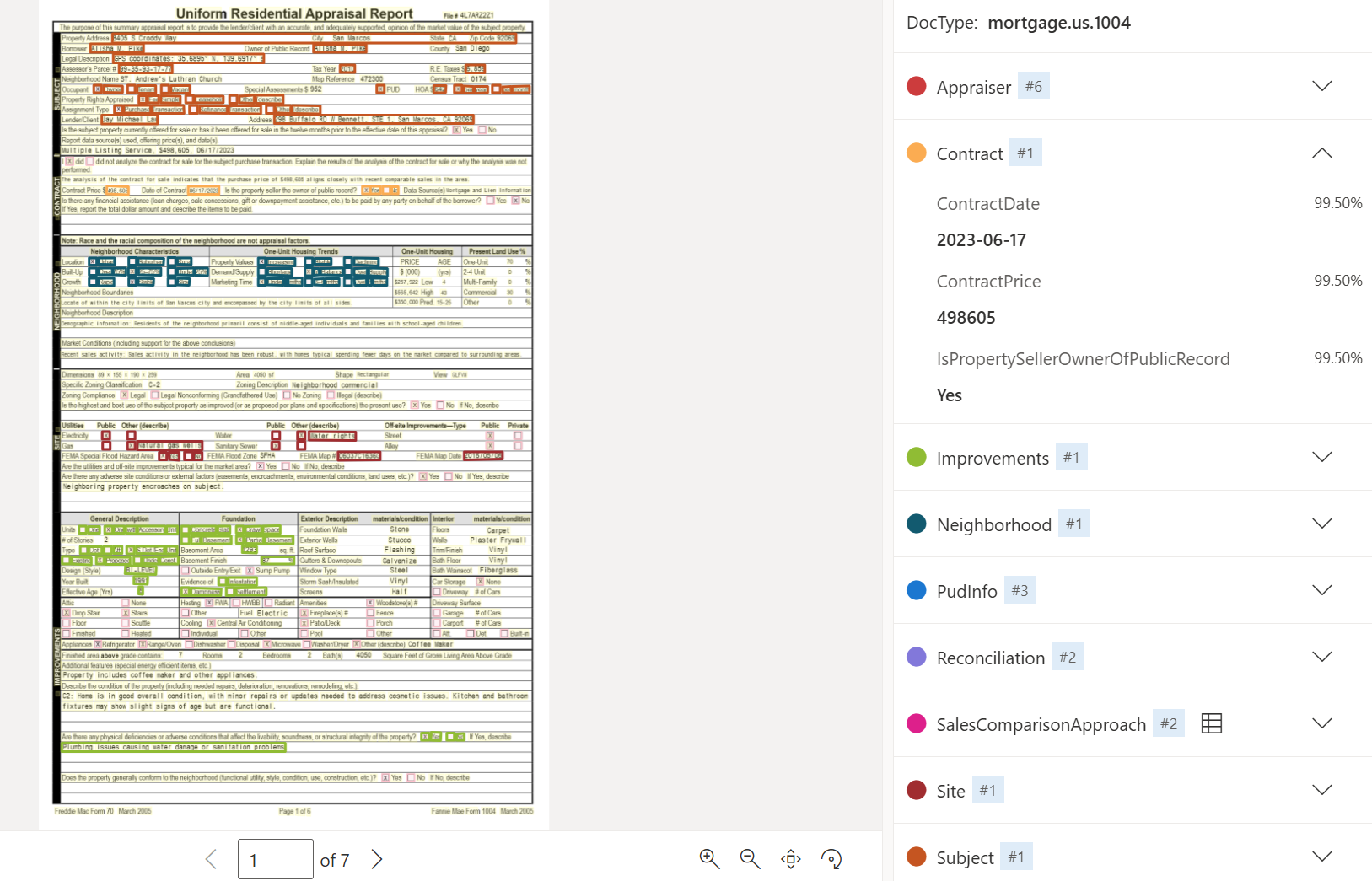 Screenshot that shows US Mortgage 1004 document model analysis by using Document Intelligence Studio.