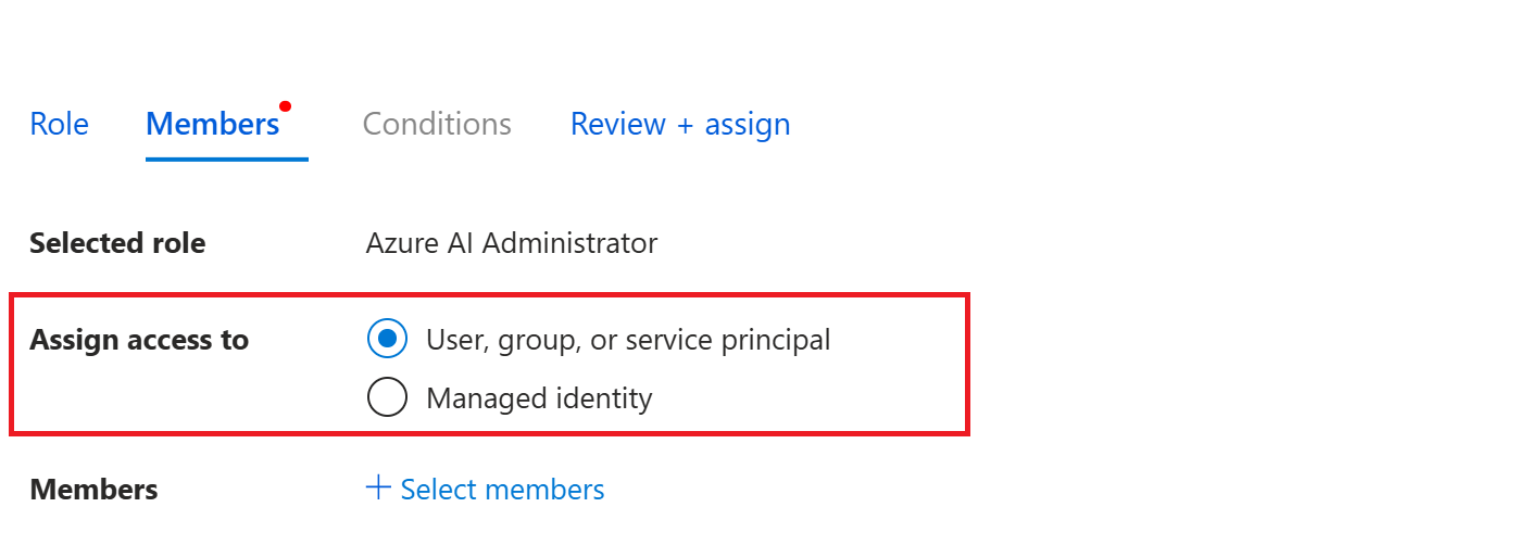 Screenshot of assign member access selector in the Azure portal.