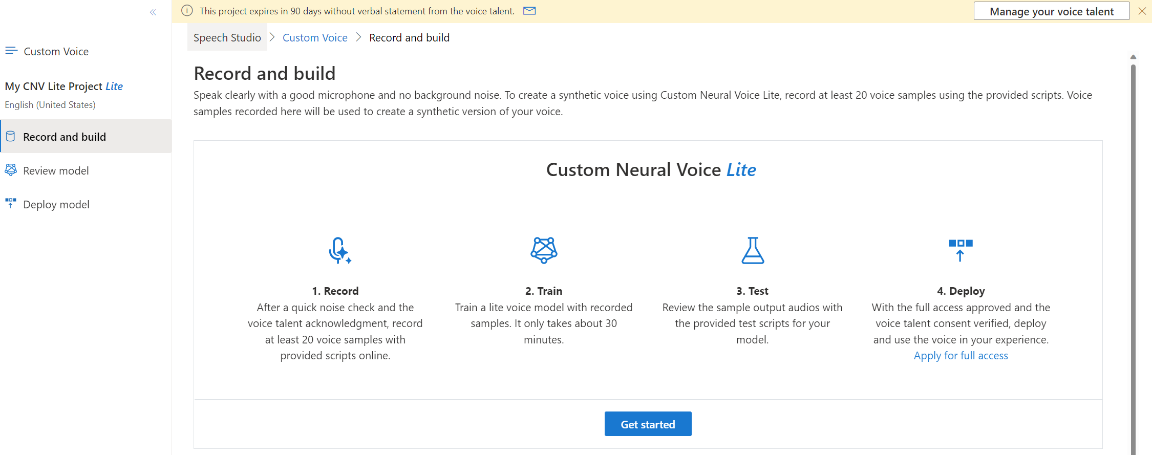 Screenshot with an overview of the custom voice lite record, train, test, and deploy workflow.
