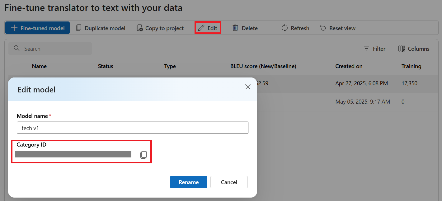 Screenshot illustrating translate-model function.