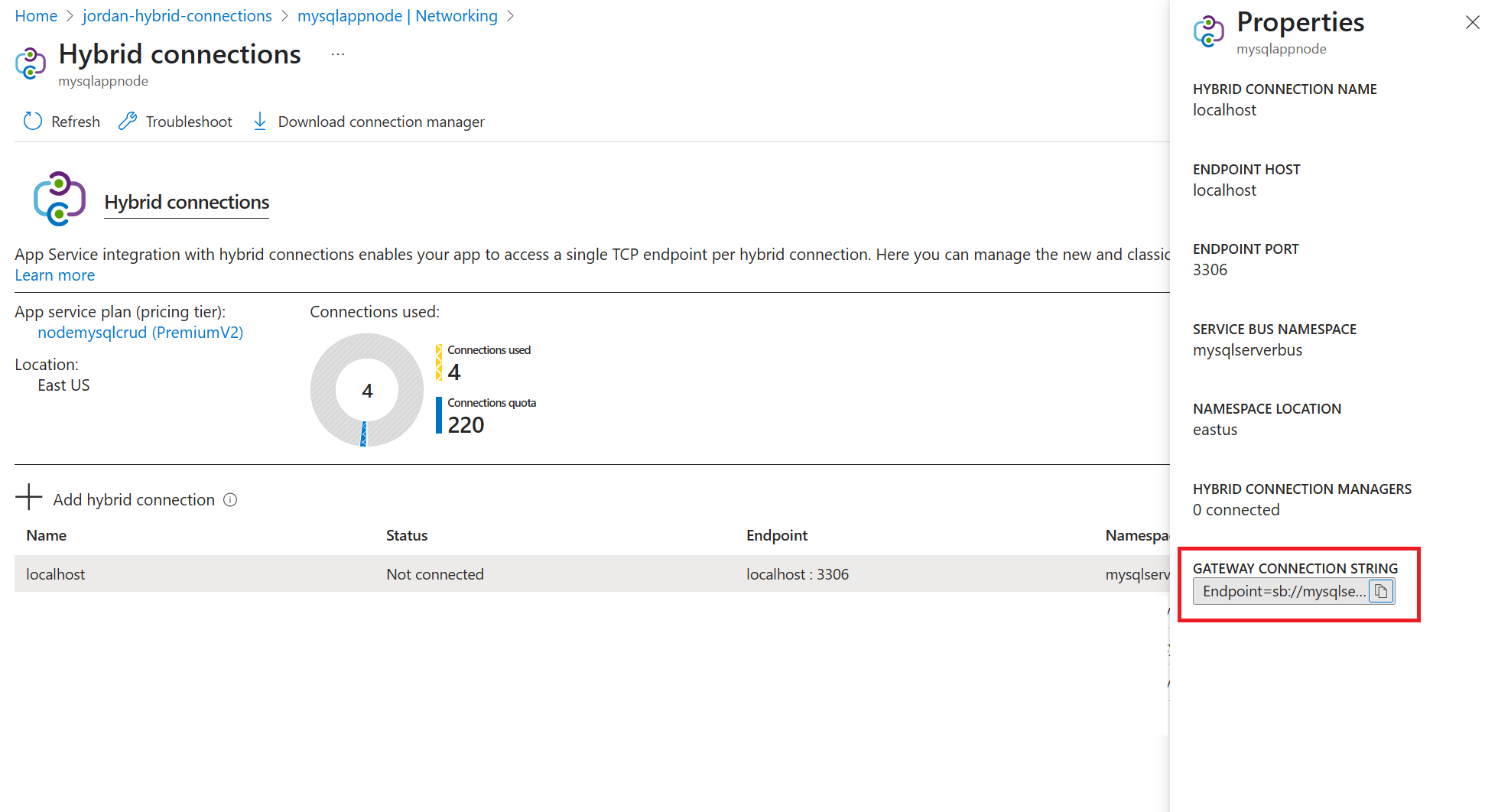 Screenshot of the Hybrid Connection gateway connection string in the Azure portal.