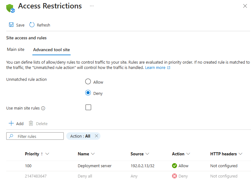 Screenshot of the Access Restrictions pane in the Azure portal, showing that no access restrictions are set for the SCM site or the app.