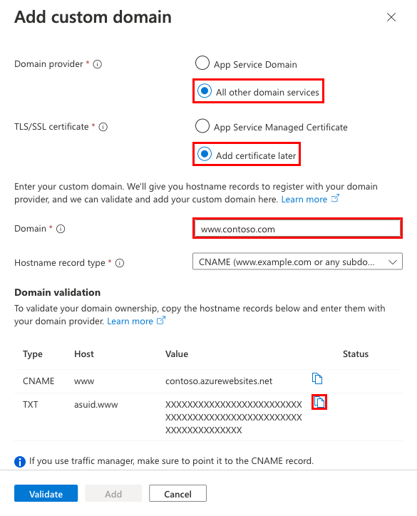 A screenshot that shows how to configure a new custom domain, along with a managed certificate.