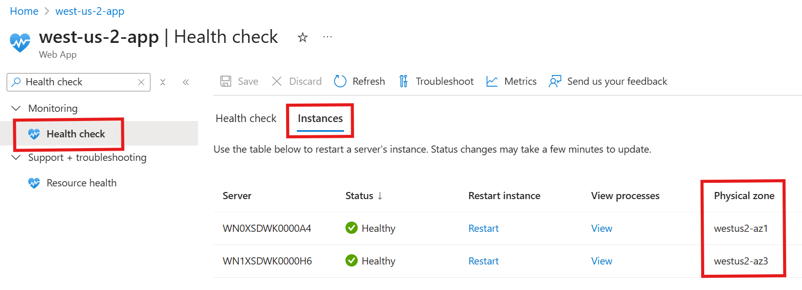 Screenshot of the Instances tab in the Health Check section with the physical zone information in the Azure portal for an App Service app.