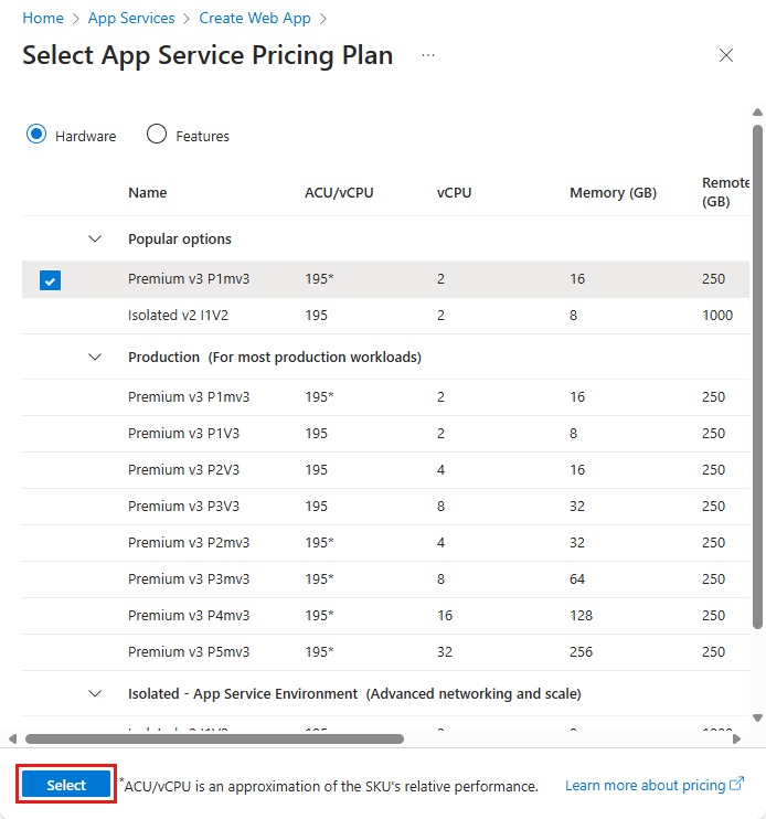Screenshot that shows App Service plan options.