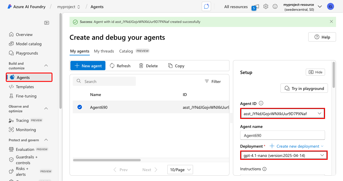 Screenshot showing how to copy the agent ID and the model deployment name in the foundry portal.