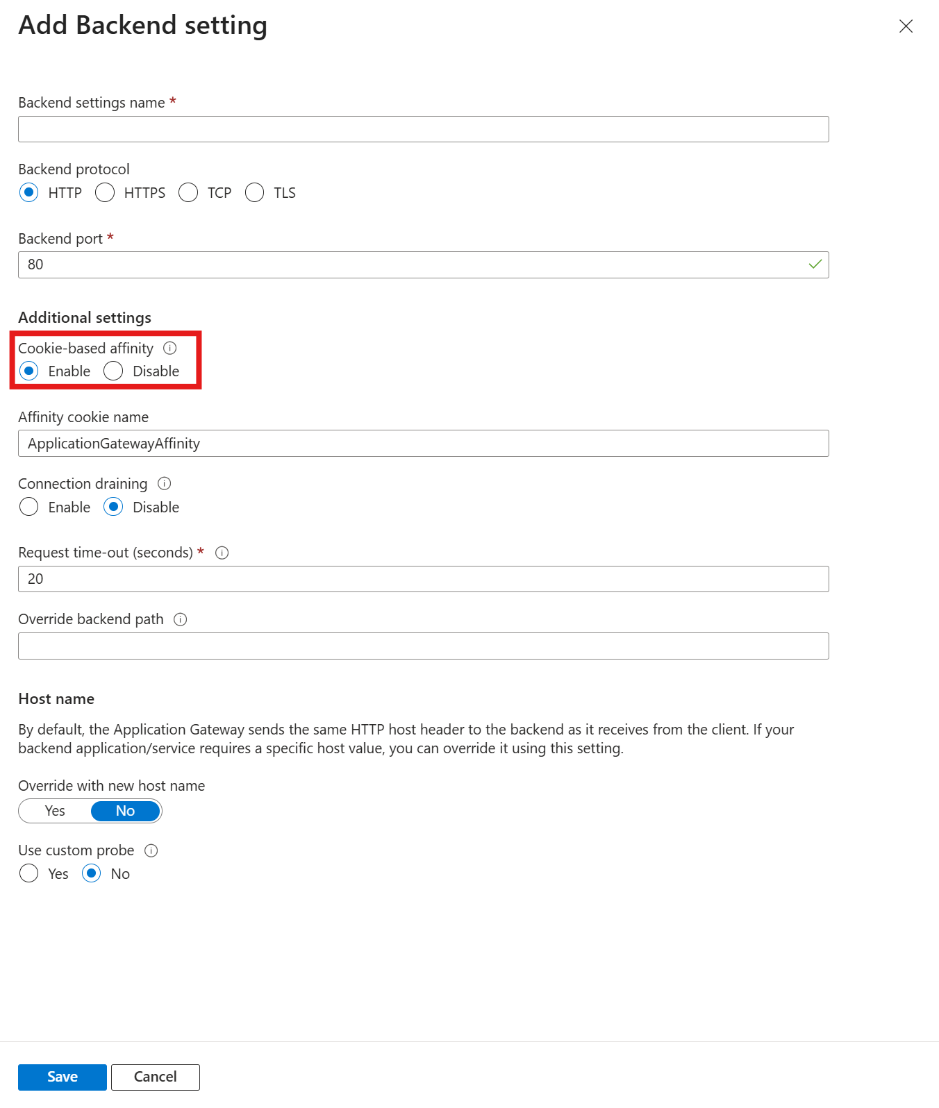Screenshot shows the gateway settings for an app gateway, including whether Cookie based affinity is selected.