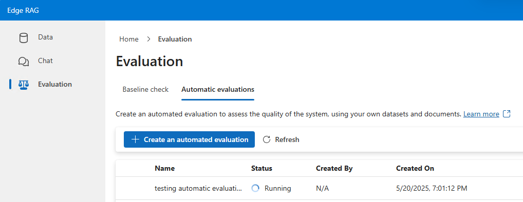 Screenshot shows the results of an automatic evaluation, including metrics and evaluation details.